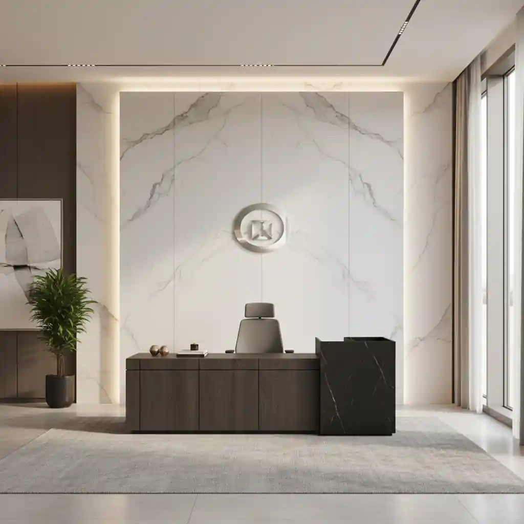 Inspirasi desain backdrop resepsionis minimalis untuk kantor modern dengan material marmer-jasa interior jakarta splusa.id