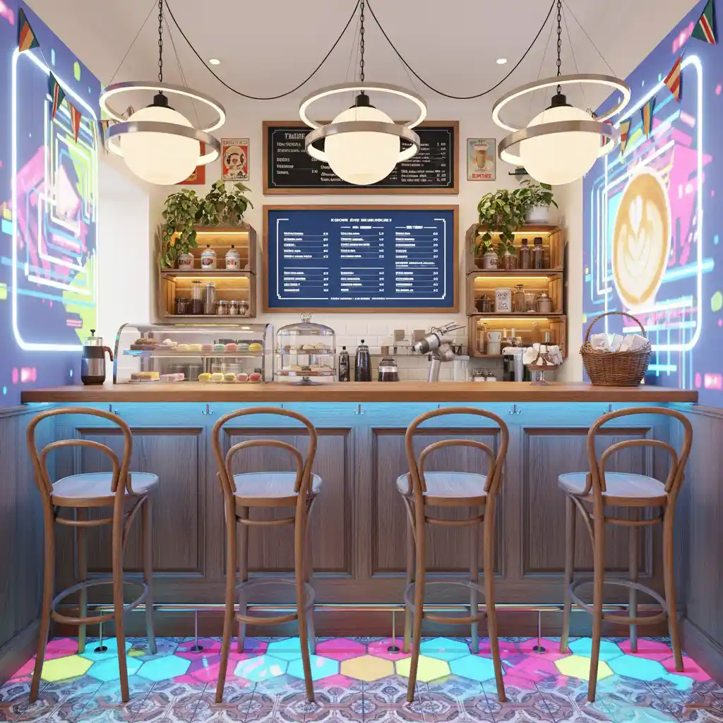 Inspirasi desain interior kios cafe minimalis modern dengan dekorasi kayu dan lampu gantung hangat menggelora Inspirasi desain interior kios cafe minimalis modern dengan dekorasi kayu dan lampu gantung hangat