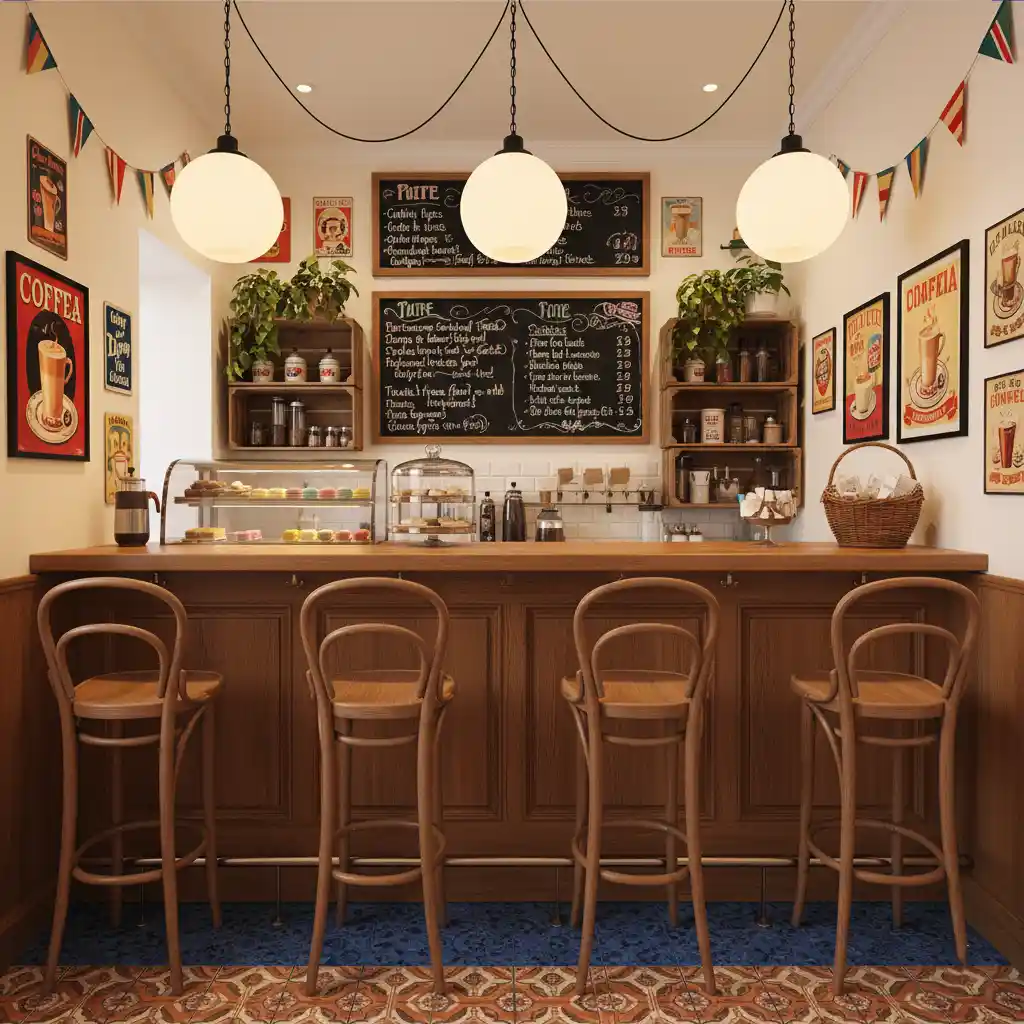 Inspirasi desain interior kios cafe minimalis modern dengan dekorasi kayu dan lampu gantung yang hangat Inspirasi desain interior kios cafe minimalis modern dengan dekorasi kayu dan lampu gantung yang hangat