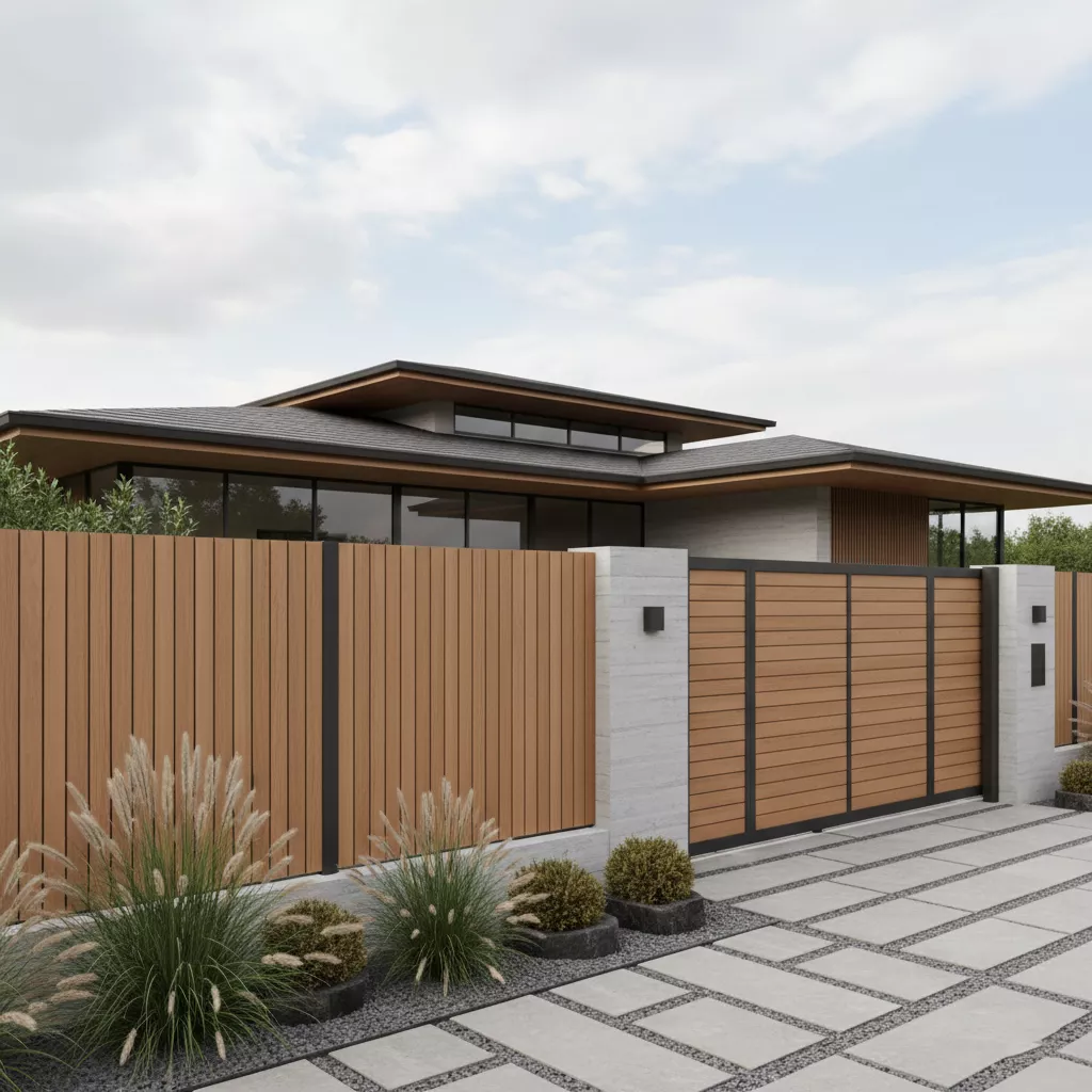 Inspirasi desain pagar rumah minimalis modern 2025 gaya Japandi dengan material kayu WPC-jasa interior splusa.id