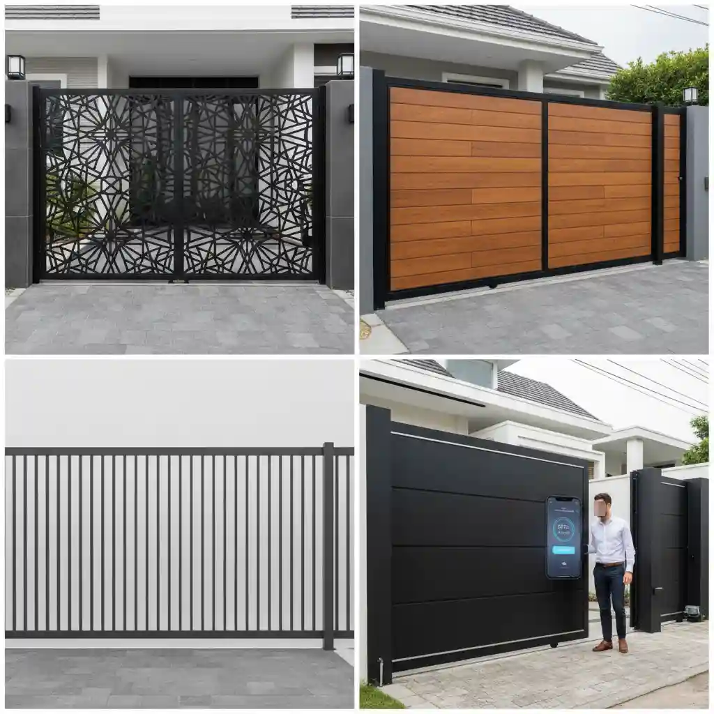 Inspirasi desain pintu pagar dorong minimalis modern laser cutting, kombinasi material, dan otomatis-splusa.id