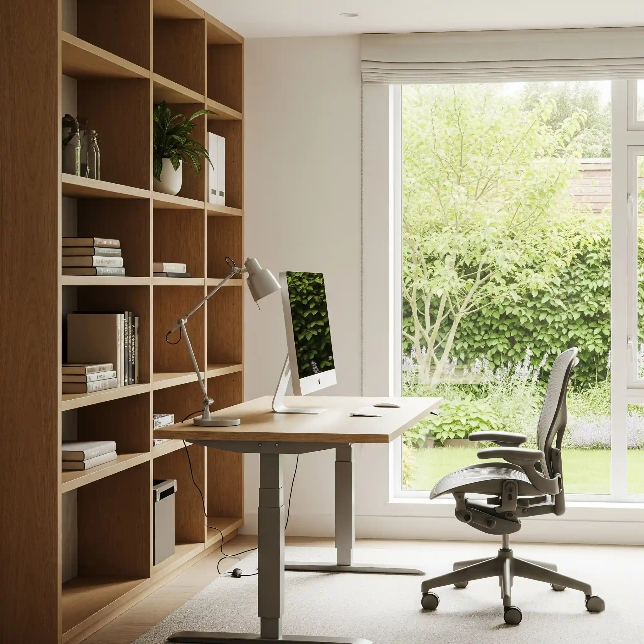 Inspirasi desain ruang kerja direktur minimalis di rumah dengan meja kayu, kursi ergonomis, dan pemandangan taman-interior splusa.id Inspirasi desain ruang kerja direktur minimalis di rumah dengan meja kayu, kursi ergonomis, dan pemandangan taman-interior splusa.id