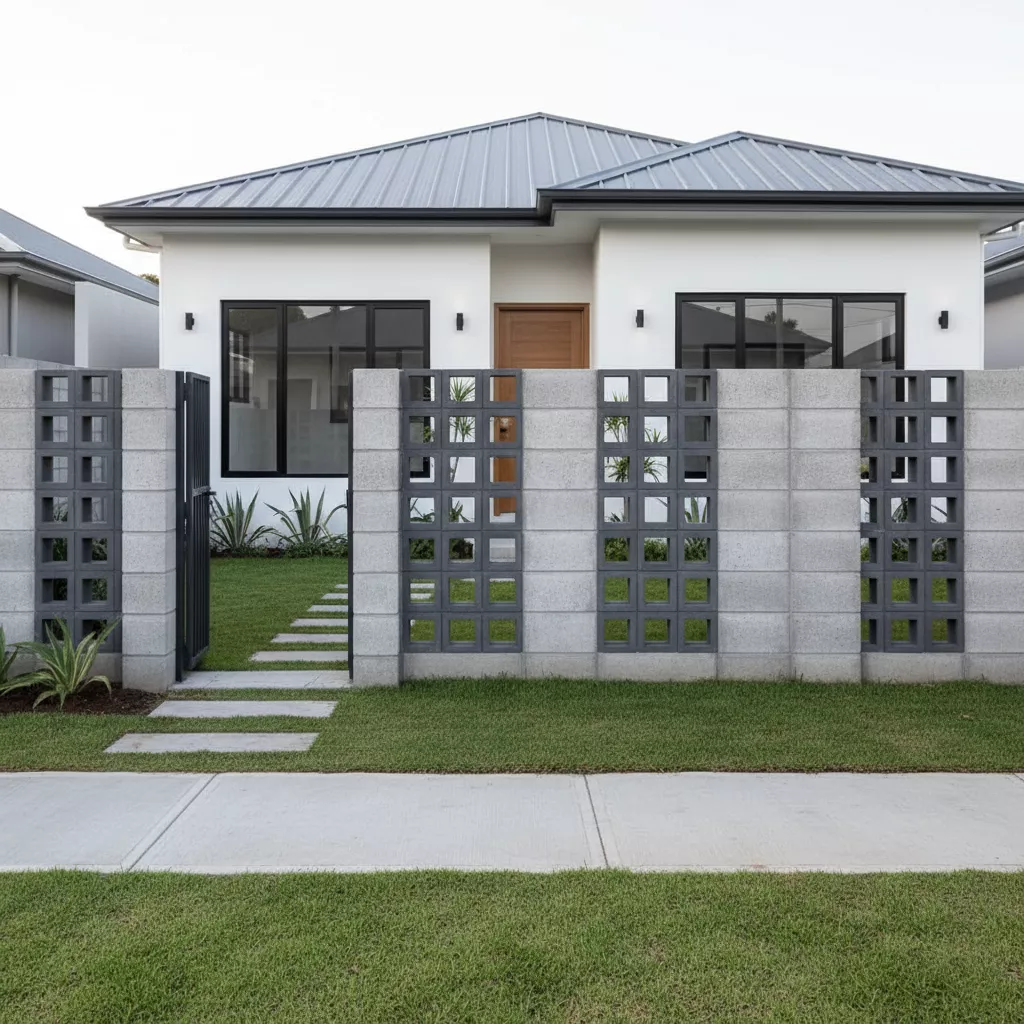 Inspirasi model pagar batako minimalis yang dikombinasikan dengan roster beton modern-jasa interior splusa.id