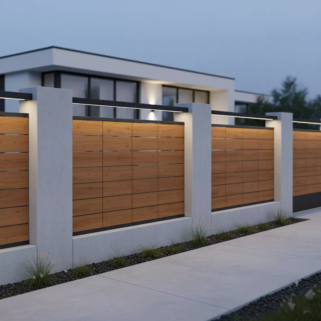 Inspirasi model pagar beton minimalis terbaru dikombinasikan dengan panel GRC motif kayu yang hangat dan modern-jasa interior splusa.id Inspirasi model pagar beton minimalis terbaru dikombinasikan dengan panel GRC motif kayu yang hangat dan modern-jasa interior splusa.id
