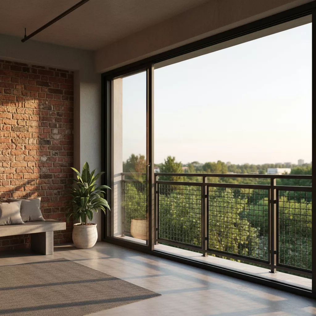 Inspirasi model pagar teras lantai 2 gaya industrial menggunakan rangka besi dan wire mesh yang kokoh-jasa interior splusa.id