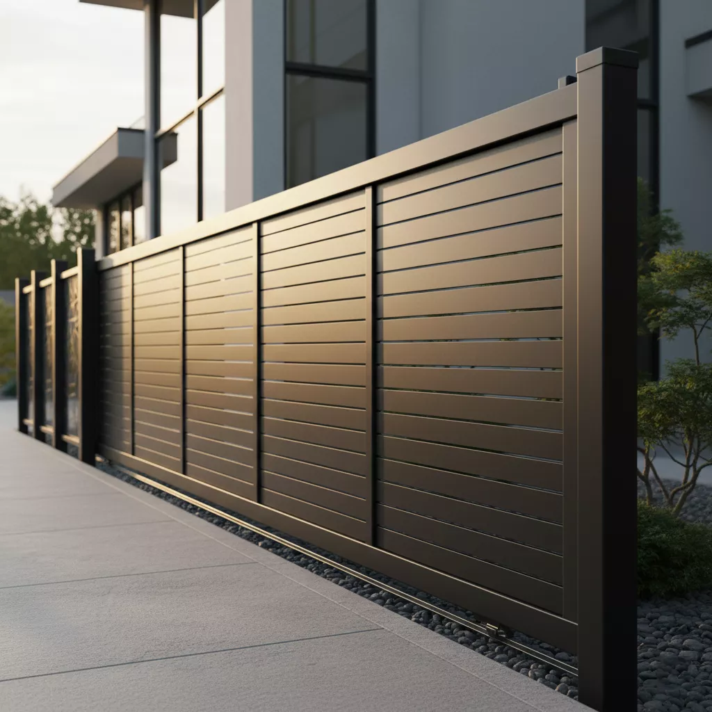 Inspirasi model pintu pagar baja ringan minimalis dengan desain garis-garis horizontal modern-jasa interior splusa.id