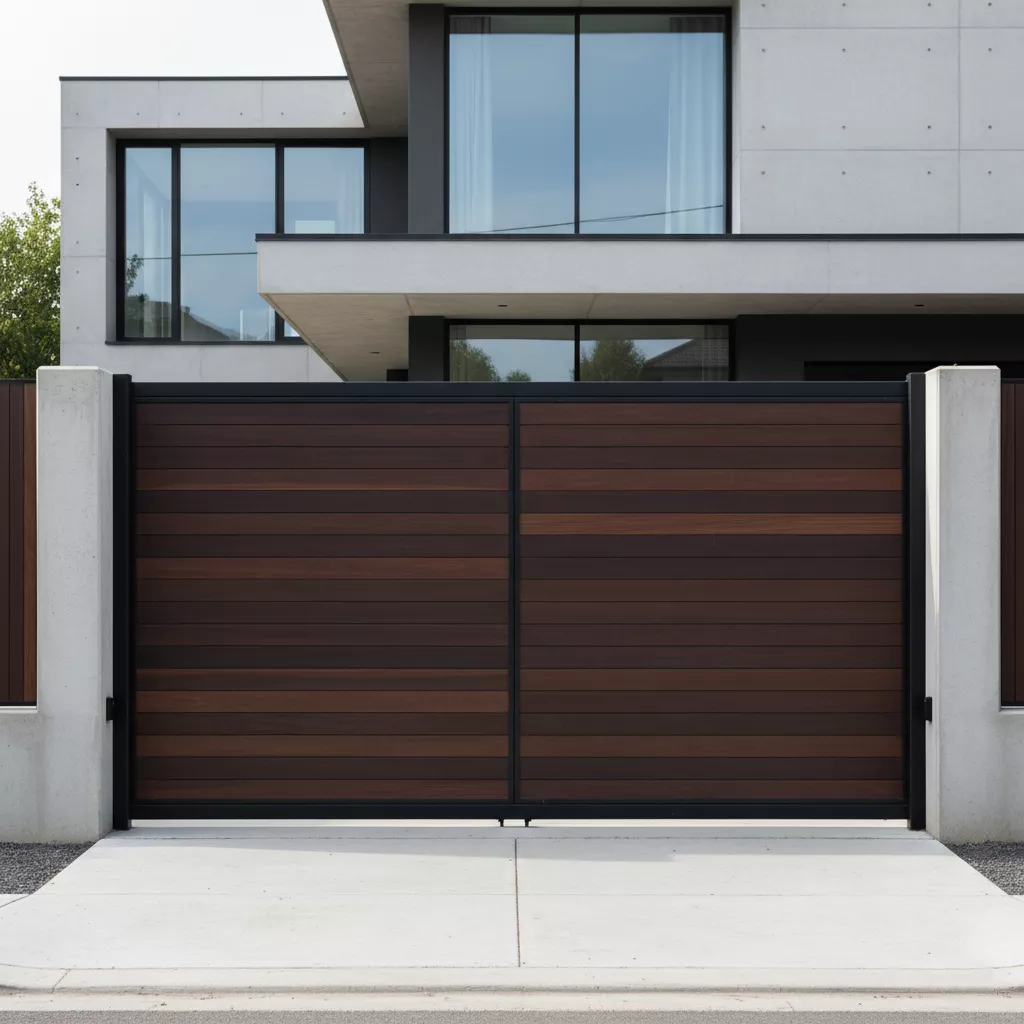 Inspirasi pintu gerbang rumah mewah modern minimalis dari kombinasi kayu solid dan rangka baja hitam-jasa interior splusa.id Inspirasi pintu gerbang rumah mewah modern minimalis dari kombinasi kayu solid dan rangka baja hitam-jasa interior splusa.id