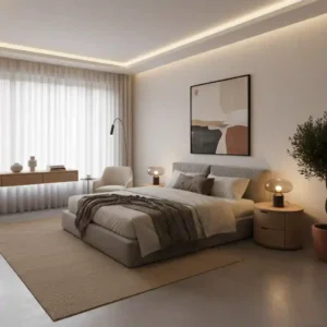 Interior kamar tidur bergaya modern minimalis dengan pencahayaan hangat-jasa dekor kamar splusa.id