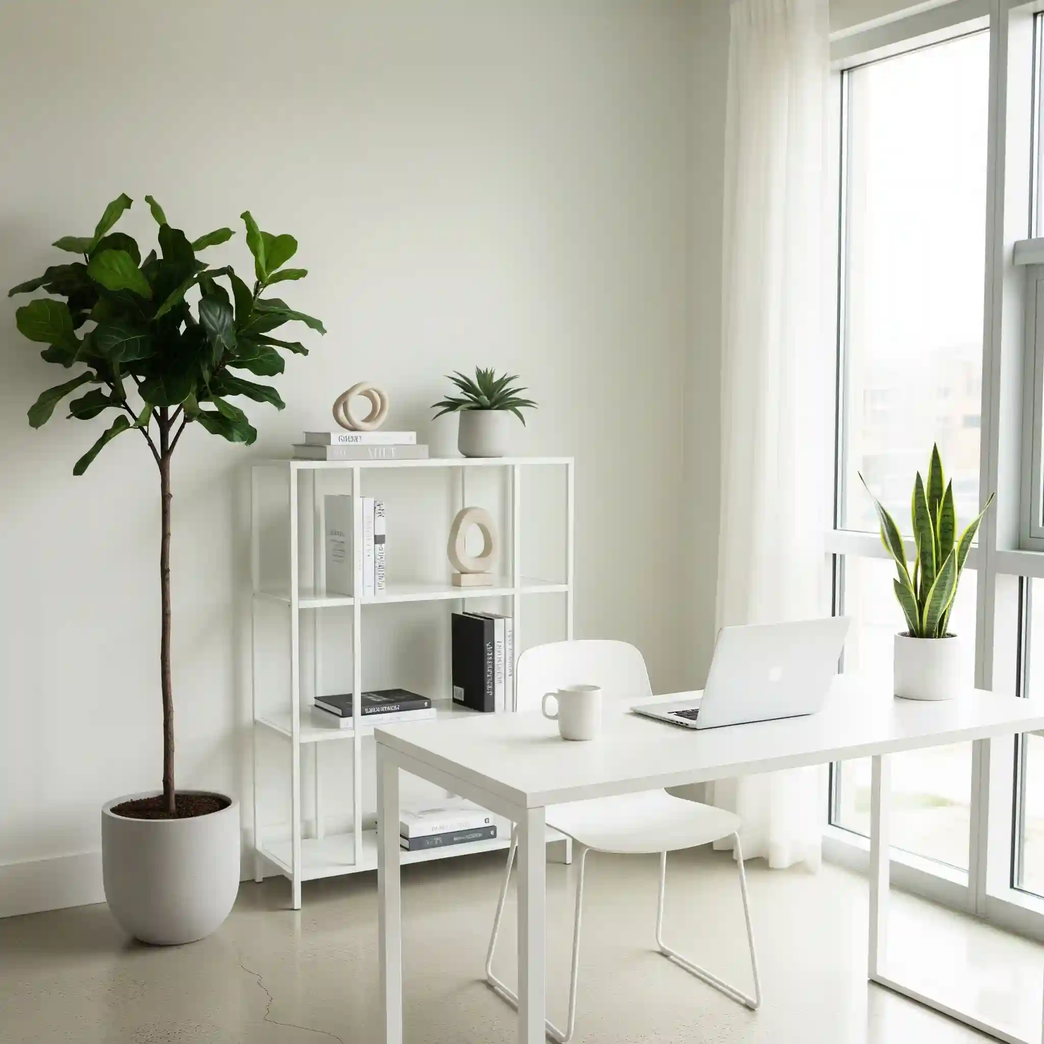 Interior ruang kerja minimalis modern dengan meja putih, tanaman hias, dan rak buku-jasa interior design splusa.id