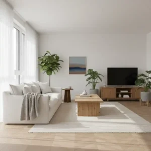 Interior ruang tamu apartemen modern dengan sofa putih, meja kayu, tanaman hias, dan pencahayaan alami-jasa desain interior apartemen splusa.id