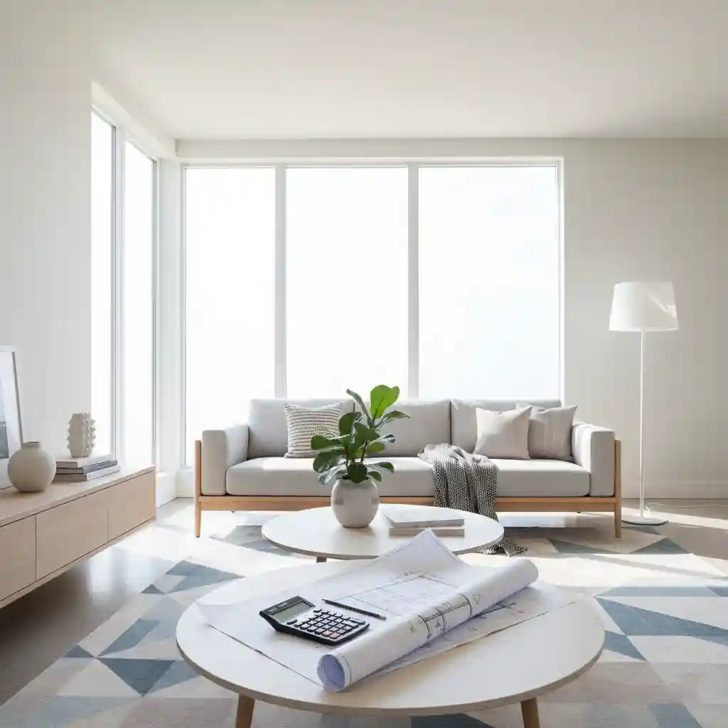Interior ruang tamu bergaya minimalis modern dengan sofa krem, dinding panel biru, dan meja kerja berisi denah serta kalkulator, menggambarkan konsep perhitungan harga desain interior-jasa interior jakarta