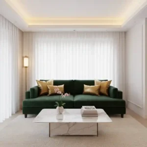 Interior ruang tamu rumah kecil mewah bergaya minimalis modern dengan sofa beludru elegan, meja kopi marmer, dan pencahayaan hangat-jasa interior jakarta splusa.id