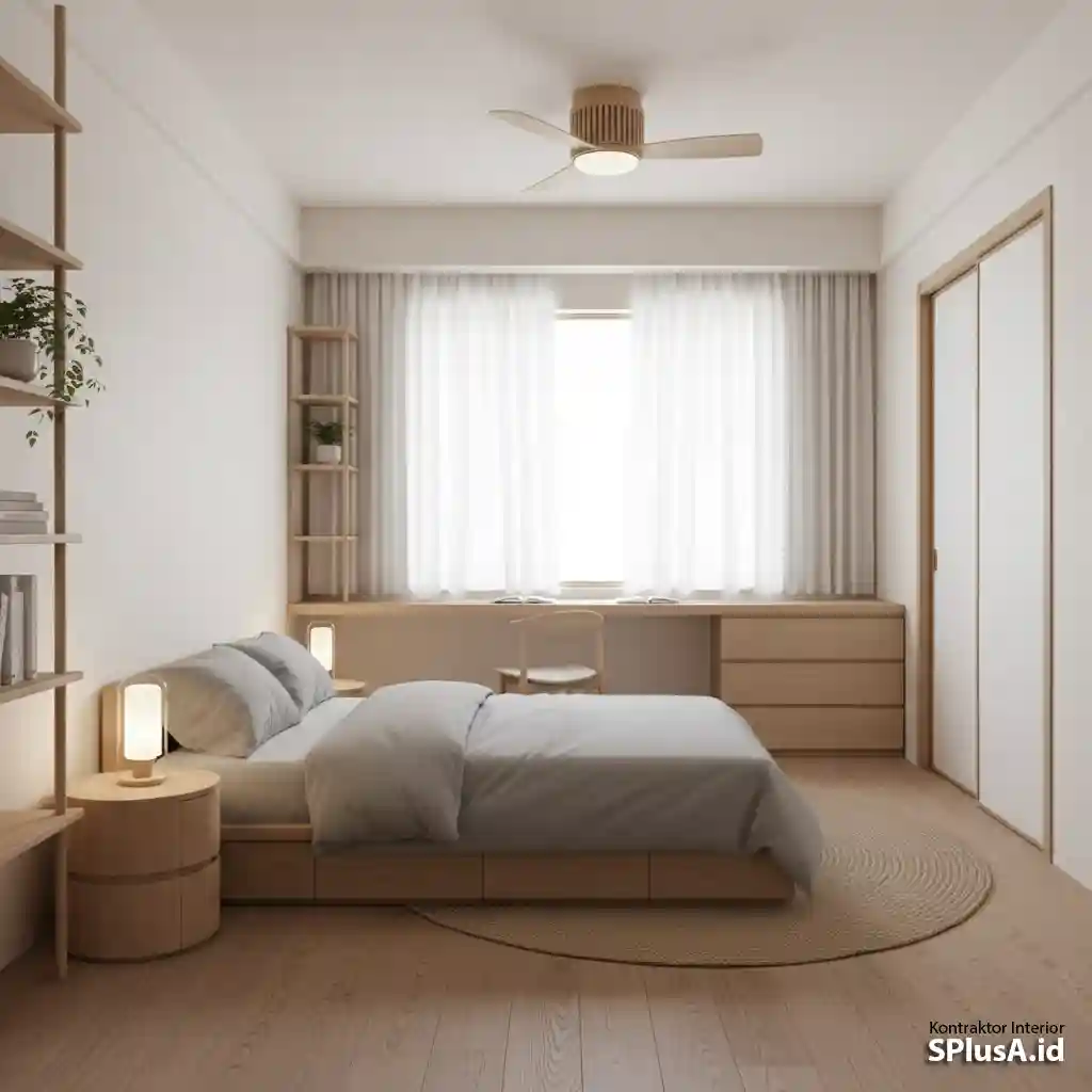 Japandi-Kombinasi elemen gaya Jepang dan Skandinavia clean dan Zen, dengan tekstur kayu alami dan furnitur low-profile-estetika Asia dan Eropa yang elegan-jasa desain kamar tidur splusa.id Japandi-Kombinasi elemen gaya Jepang dan Skandinavia clean dan Zen, dengan tekstur kayu alami dan furnitur low-profile-estetika Asia dan Eropa yang elegan-jasa desain kamar tidur splusa.id
