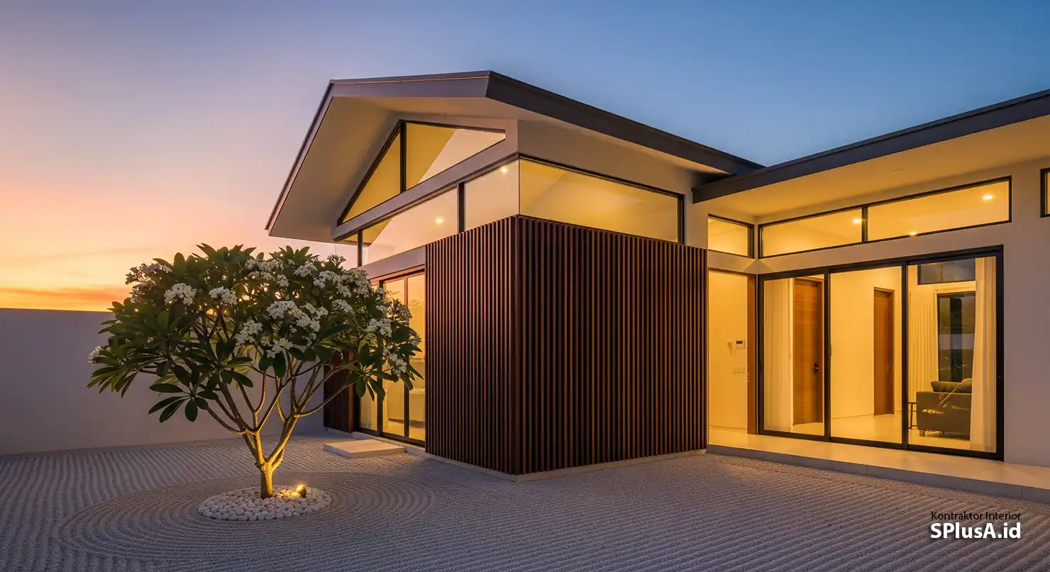 Jasa desain eksterior rumah modern tropis yang mewah dan elegan oleh SPlusA.id, menampilkan fasad dengan kombinasi kayu, beton, dan pencahayaan hangat-splusa.id Jasa desain eksterior rumah modern tropis yang mewah dan elegan oleh SPlusA.id, menampilkan fasad dengan kombinasi kayu, beton, dan pencahayaan hangat-splusa.id