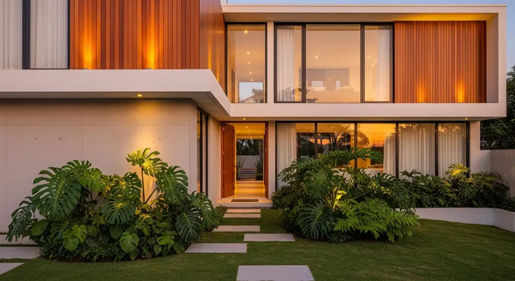 Jasa desain eksterior rumah modern tropis yang mewah dan elegan oleh SPlusA.id, menampilkan fasad dengan kombinasi kayu, beton, dan pencahayaan hangat-splusa.id