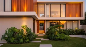 Jasa desain eksterior rumah modern tropis yang mewah dan elegan oleh SPlusA.id, menampilkan fasad dengan kombinasi kayu, beton, dan pencahayaan hangat-splusa.id