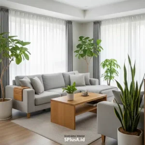 Jasa desain interior ruang tamu modern Japandi yang cerah dan nyaman di Jakarta oleh SplusA.id