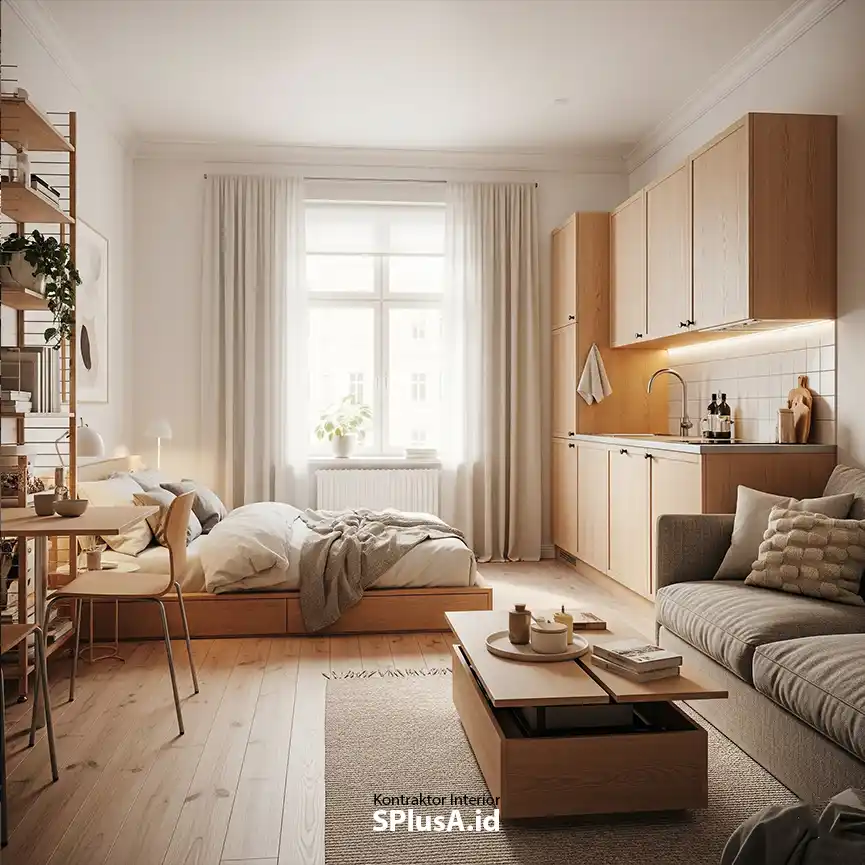 Jasa interior apartemen studio profesional splusa.id bergaya Japandi yang terang, fungsional, dan nyaman Jasa interior apartemen studio profesional splusa.id bergaya Japandi yang terang, fungsional, dan nyaman