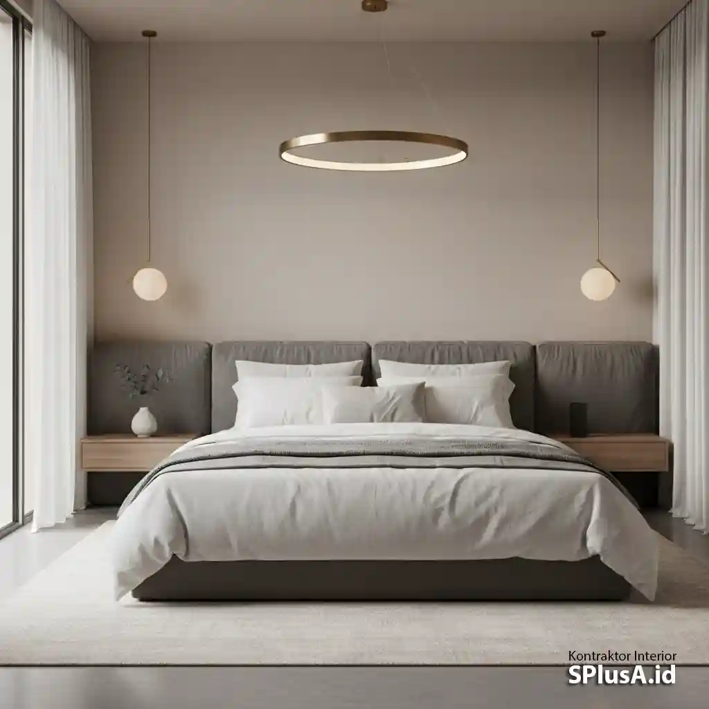 Kamar tidur minimalis modern dengan palet warna netral dan penerangan lembut-jasa desain kamar tidur splusa.id Kamar tidur minimalis modern dengan palet warna netral dan penerangan lembut-jasa desain kamar tidur splusa.id