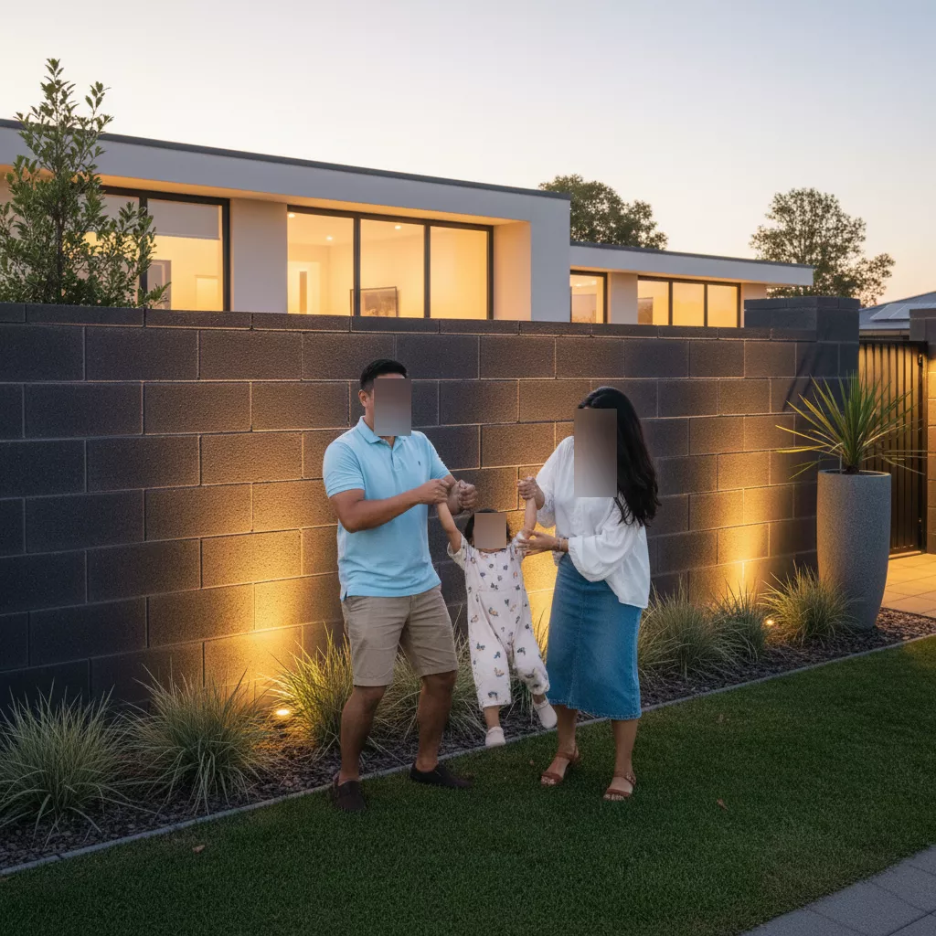 Keluarga Indonesia bahagia di depan rumah impian mereka dengan pagar dari hebel minimalis baru-jasa interior splusa.id Keluarga Indonesia bahagia di depan rumah impian mereka dengan pagar dari hebel minimalis baru-jasa interior splusa.id
