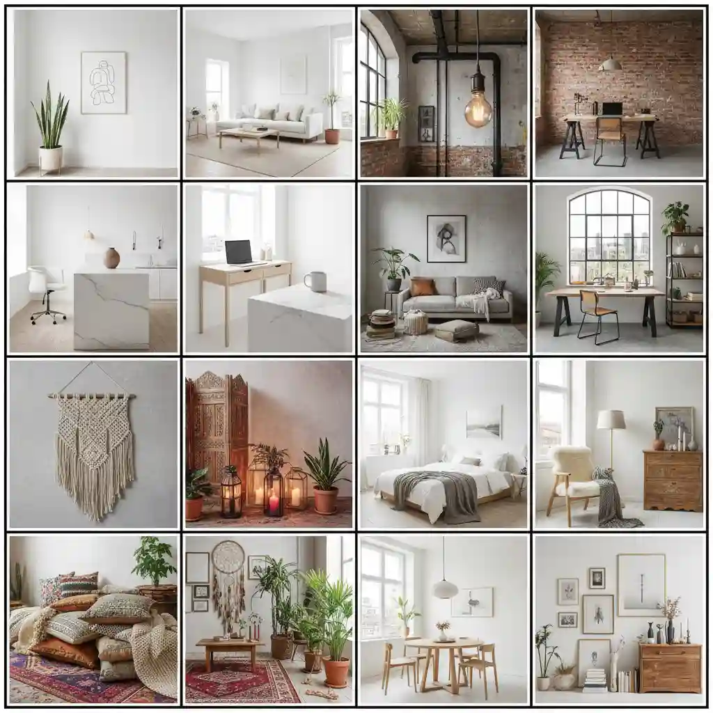 Kolase berbagai gaya desain interior minimalis, bohemian, industrial-jasa interior design splusa.id