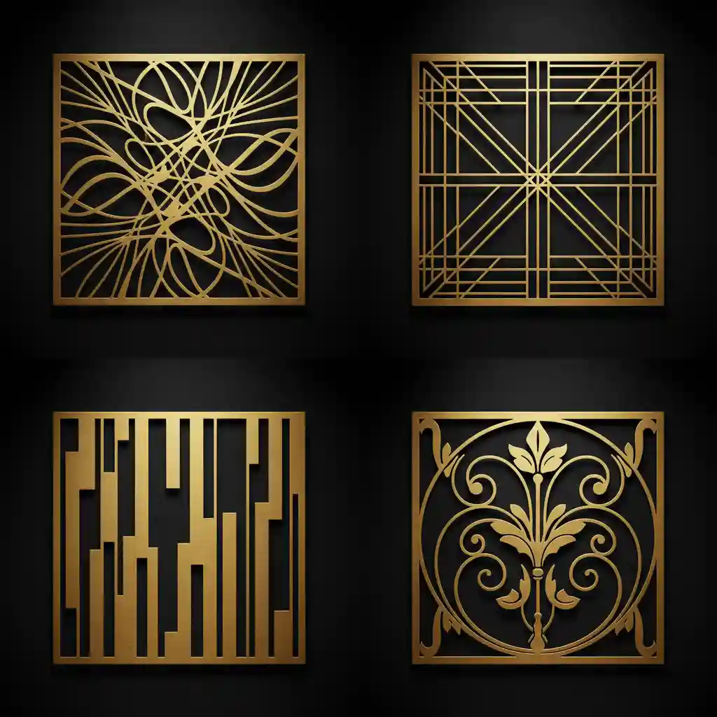 Kolase detail 4 desain motif modern laser cutting untuk Pintu Pagar Dorong Minimalis yang presisi dan indah bernuansa emas mewah-splusa.id
