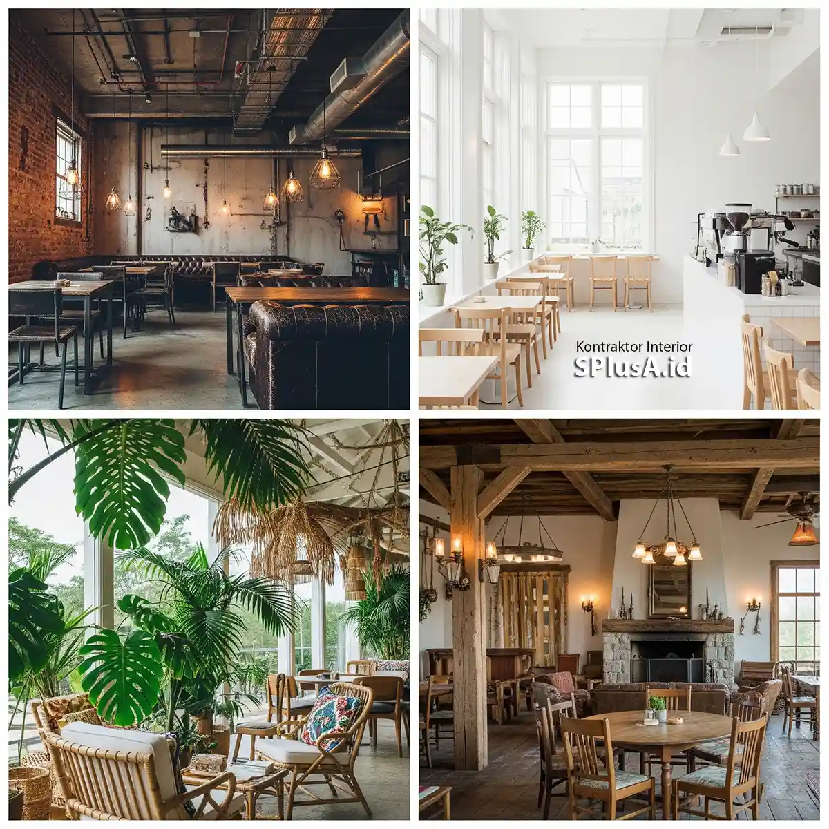 Kolase inspirasi dari jasa desain interior cafe profesional dengan berbagai gaya populer industrial, minimalis, tropis, rustic-jasa interior splusa.id Kolase inspirasi dari jasa desain interior cafe profesional dengan berbagai gaya populer industrial, minimalis, tropis, rustic-jasa interior splusa.id