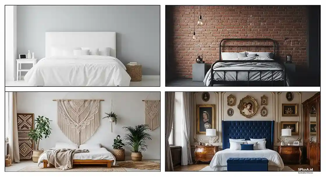 Kolase inspirasi desain backdrop kamar tidur dengan gaya minimalis, industrial, bohemian, dan klasik mewah-jasa kontraktor interior splusa.id Kolase inspirasi desain backdrop kamar tidur dengan gaya minimalis, industrial, bohemian, dan klasik mewah-jasa kontraktor interior splusa.id
