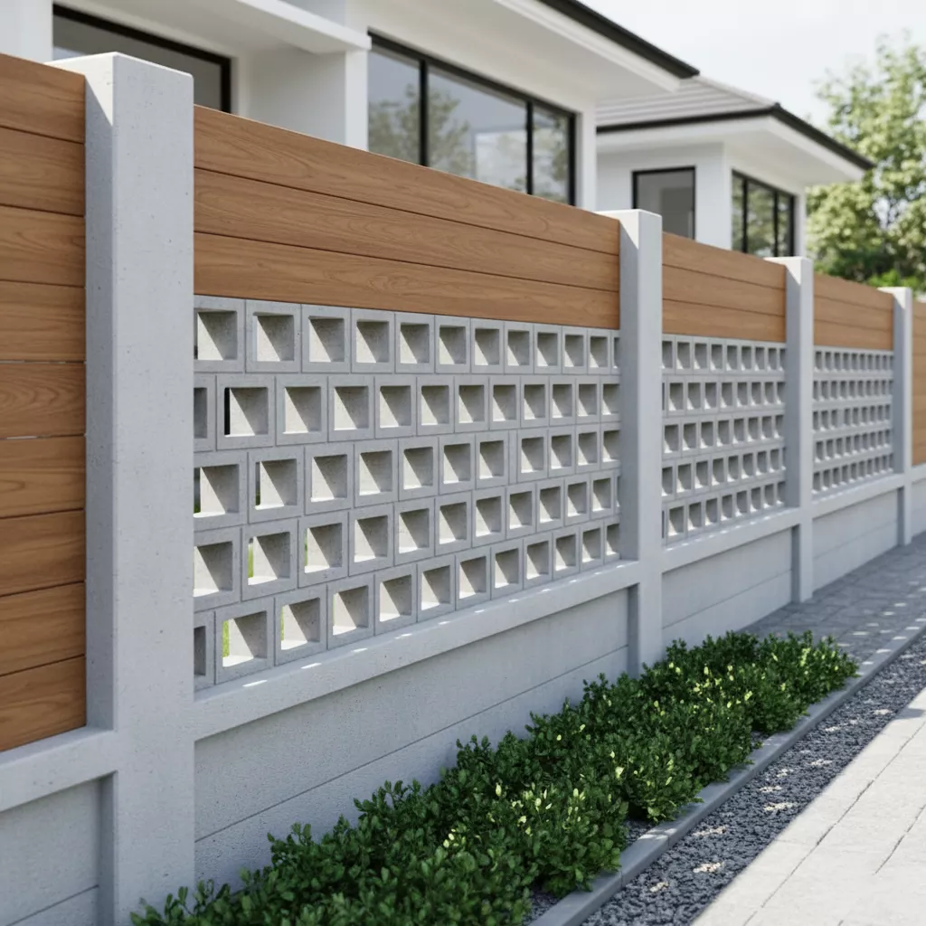 Kombinasi material beton, roster, dan WPC pada model pagar minimalis modern-jasa interior splusa.id