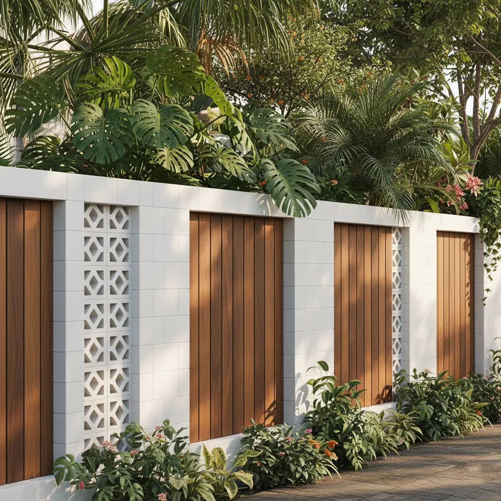 Kombinasi model pagar rumah dari hebel putih dengan aksen kayu ulin vertikal dan roster minimalis-jasa interior jakarta splusa.id Kombinasi model pagar rumah dari hebel putih dengan aksen kayu ulin vertikal dan roster minimalis-jasa interior jakarta splusa.id