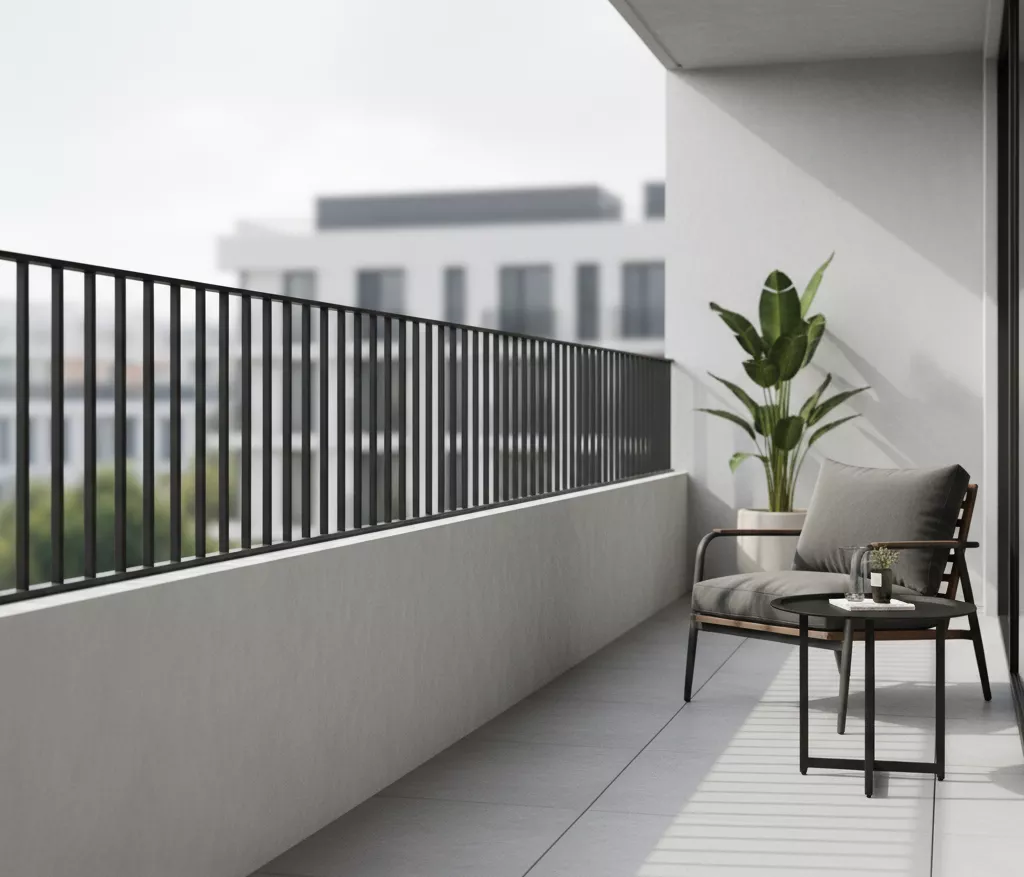 Kombinasi pagar tembok beton dan besi hollow vertikal untuk pagar tembok balkon minimalis yang aman, modern, dan penuh gaya-jasa desain apartemen ‪‪splusa.id