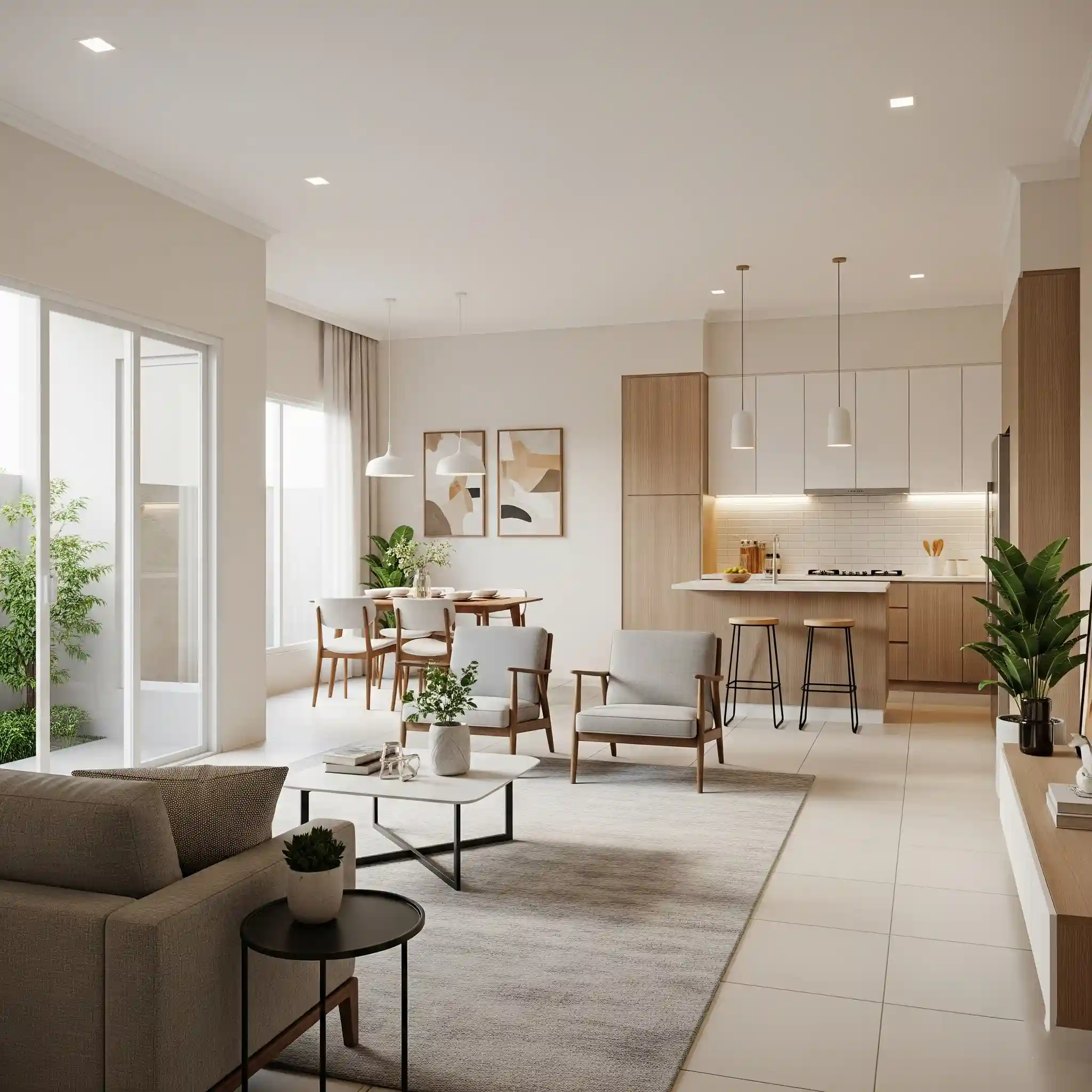 Konsep denah terbuka atau open plan pada desain interior rumah minimalis type 30 60 yang menggabungkan ruang tamu dan dapur-jasa interior jakarta splusa.id Konsep denah terbuka atau open plan pada desain interior rumah minimalis type 30 60 yang menggabungkan ruang tamu dan dapur-jasa interior jakarta splusa.id