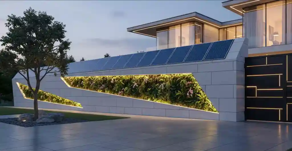 Konsep pagar hebel futuristik dengan integrasi panel surya dan sistem vertical garden-Jasa Interior Desain ‪‪splusa.id