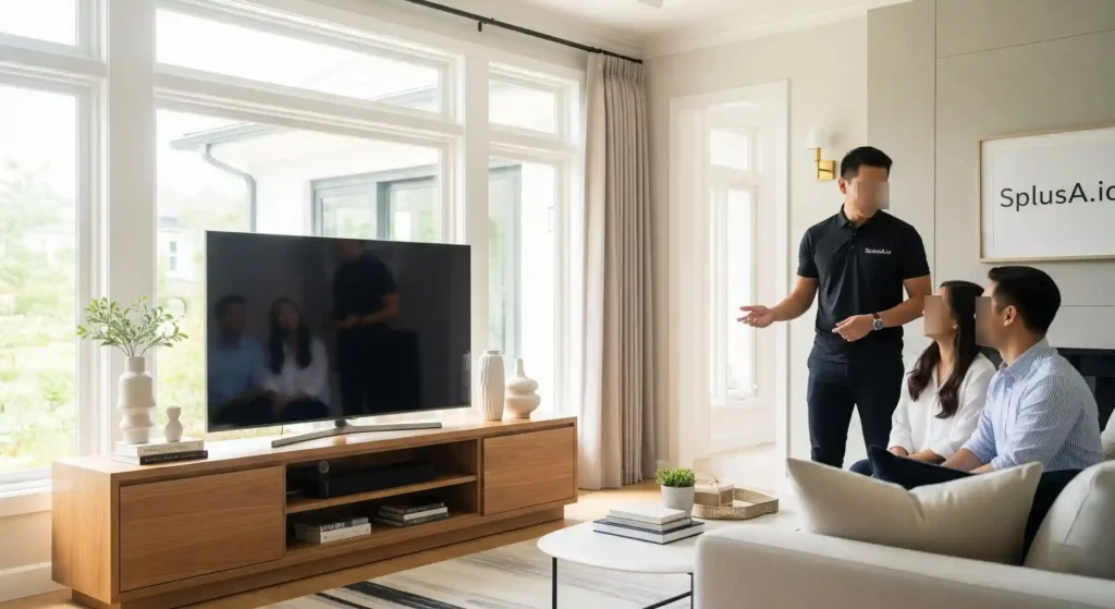 Kontraktor furniture profesional SplusA.id sedang berdiskusi dengan klien di depan hasil furnitur custom yang memuaskan sekali