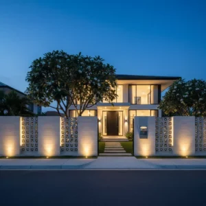 Model pagar batako minimalis mewah untuk rumah modern dengan aksen roster dan lampu LED yang hangat di malam hari-jasa interior splusa.id