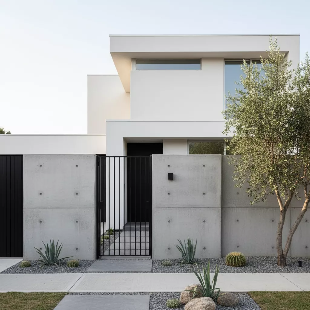 Model pagar besi beton minimalis modern dengan kombinasi beton ekspos halus dan besi hollow vertikal hitam untuk rumah masa kini-jasa interior splusa.id Model pagar besi beton minimalis modern dengan kombinasi beton ekspos halus dan besi hollow vertikal hitam untuk rumah masa kini-jasa interior splusa.id