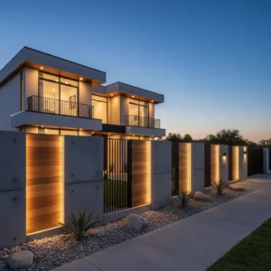 Model pagar besi beton modern mewah dari SplusA.id, kombinasi sempurna antara beton, besi, dan kayu dengan pencahayaan dramatis di malam hari-jasa interior splusa.id