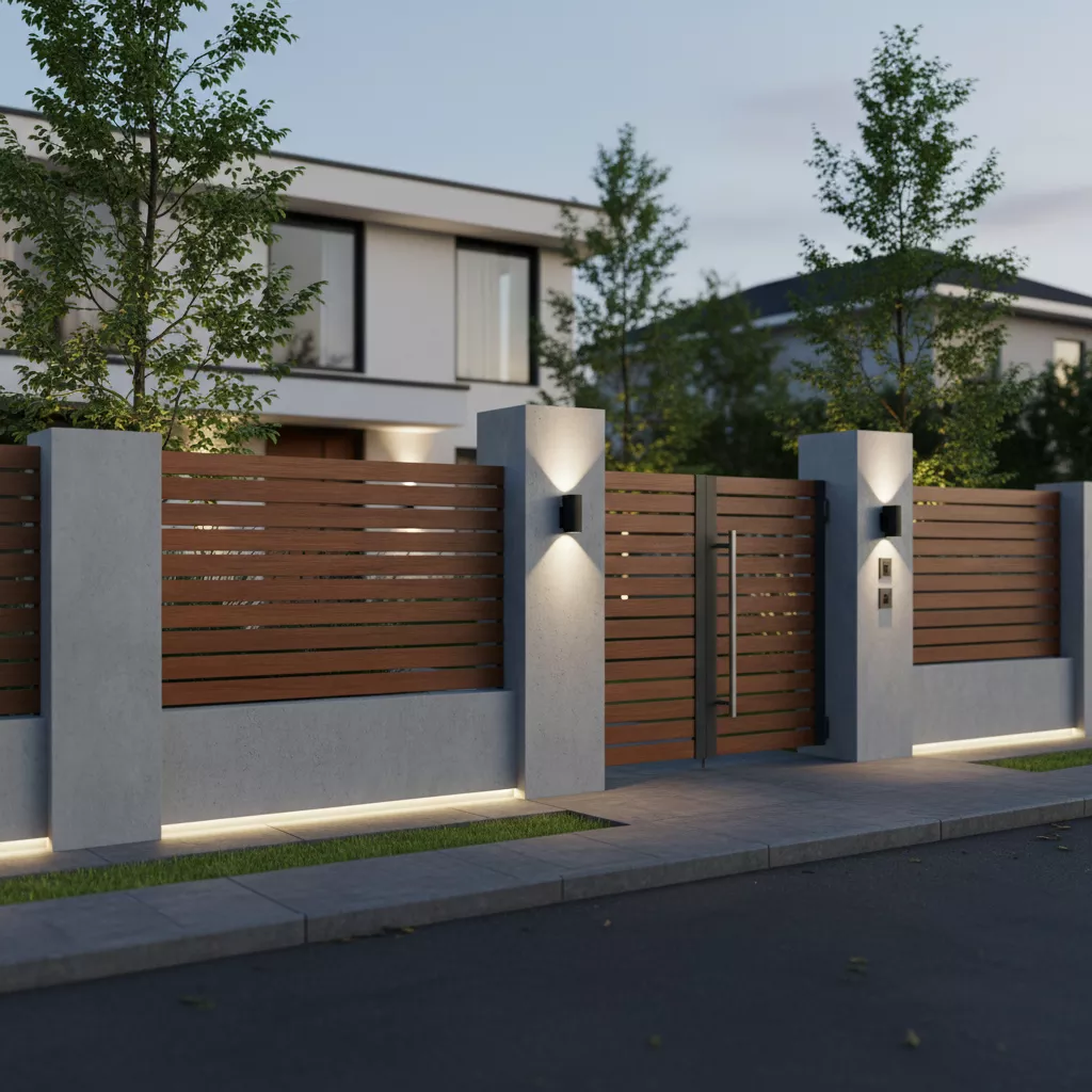 Model pagar beton depan rumah minimalis modern abu-abu dengan kombinasi kayu-jasa interior apartemen studio ‪splusa.id