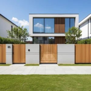 Model pagar beton depan rumah minimalis modern kombinasi kayu dengan pencahayaan LED terintegrasi-jasa interior apartemen studio ‪splusa.id