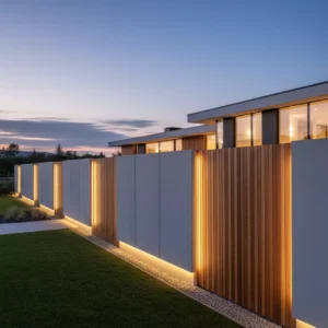 Model pagar beton minimalis modern terbaik tahun 2025 karya SplusA.id, menampilkan kombinasi beton, kayu, dan pencahayaan hangat di sebuah rumah mewah saat senja-Kontraktor Interior splusa.id