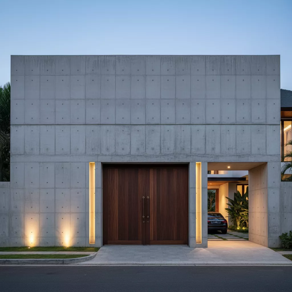 Model pagar beton rumah mewah dengan pintu gerbang kayu solid yang megah-Kontraktor Interior splusa.id