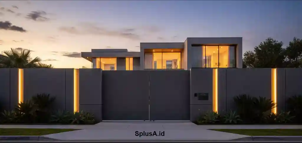 Model pagar beton rumah mewah modern SplusA.id dengan desain pintu pivot dan tata cahaya yang elegan di malam hari-jasa interior splusa.id Model pagar beton rumah mewah modern SplusA.id dengan desain pintu pivot dan tata cahaya yang elegan di malam hari-jasa interior splusa.id