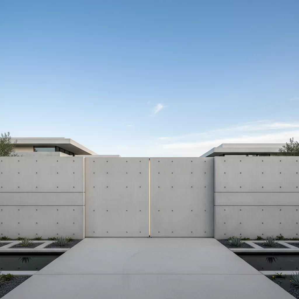 Model pagar dan pintu gerbang rumah mewah dari beton yang terintegrasi seamless dengan pagar, menonjolkan desain minimalis dan presisi tinggi-jasa interior splusa.id Model pagar dan pintu gerbang rumah mewah dari beton yang terintegrasi seamless dengan pagar, menonjolkan desain minimalis dan presisi tinggi-jasa interior splusa.id