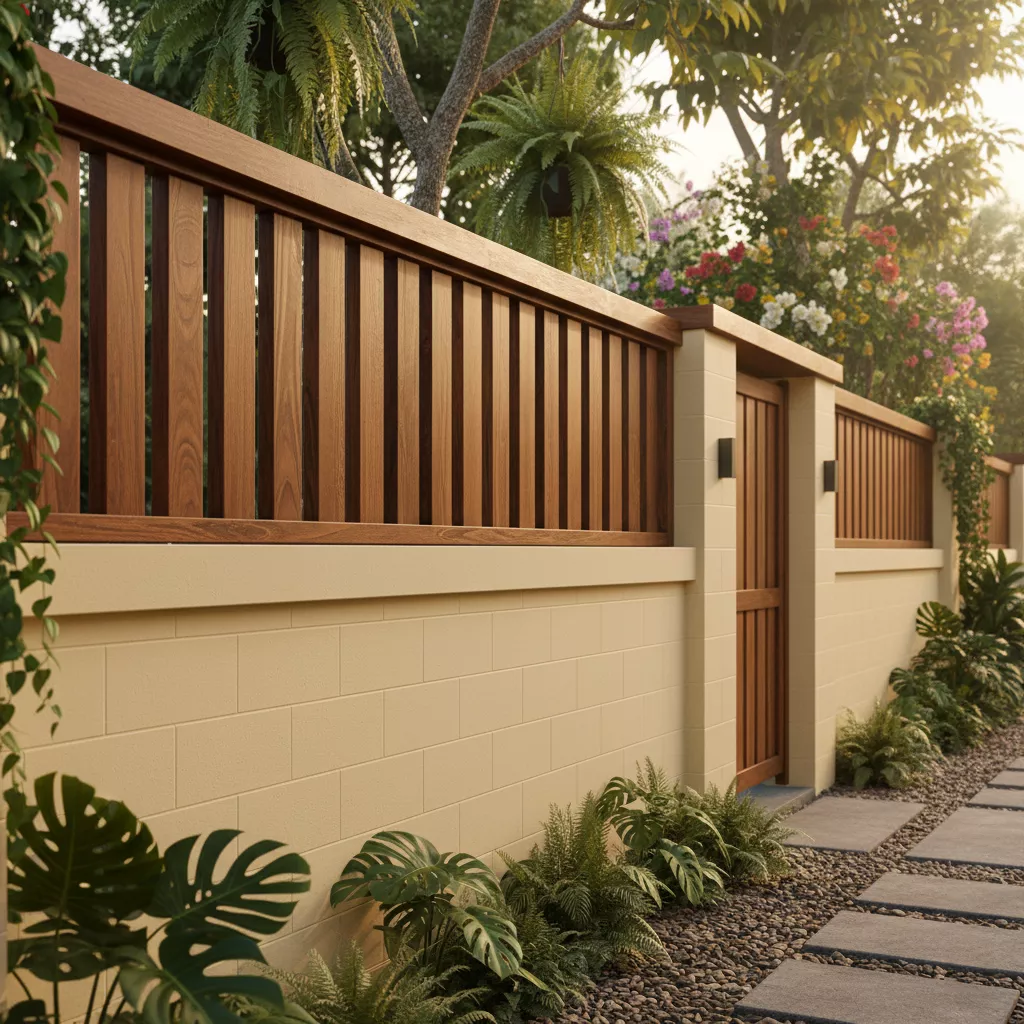 Model pagar hebel tropis dengan aksen kayu dan cat warna krem yang hangat-jasa interior splusa.id Model pagar hebel tropis dengan aksen kayu dan cat warna krem yang hangat-jasa interior splusa.id