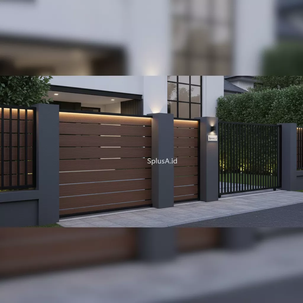 Model pagar minimalis modern mewah kombinasi besi, WPC, dan beton dari SplusA.id-jasa interior splusa.id