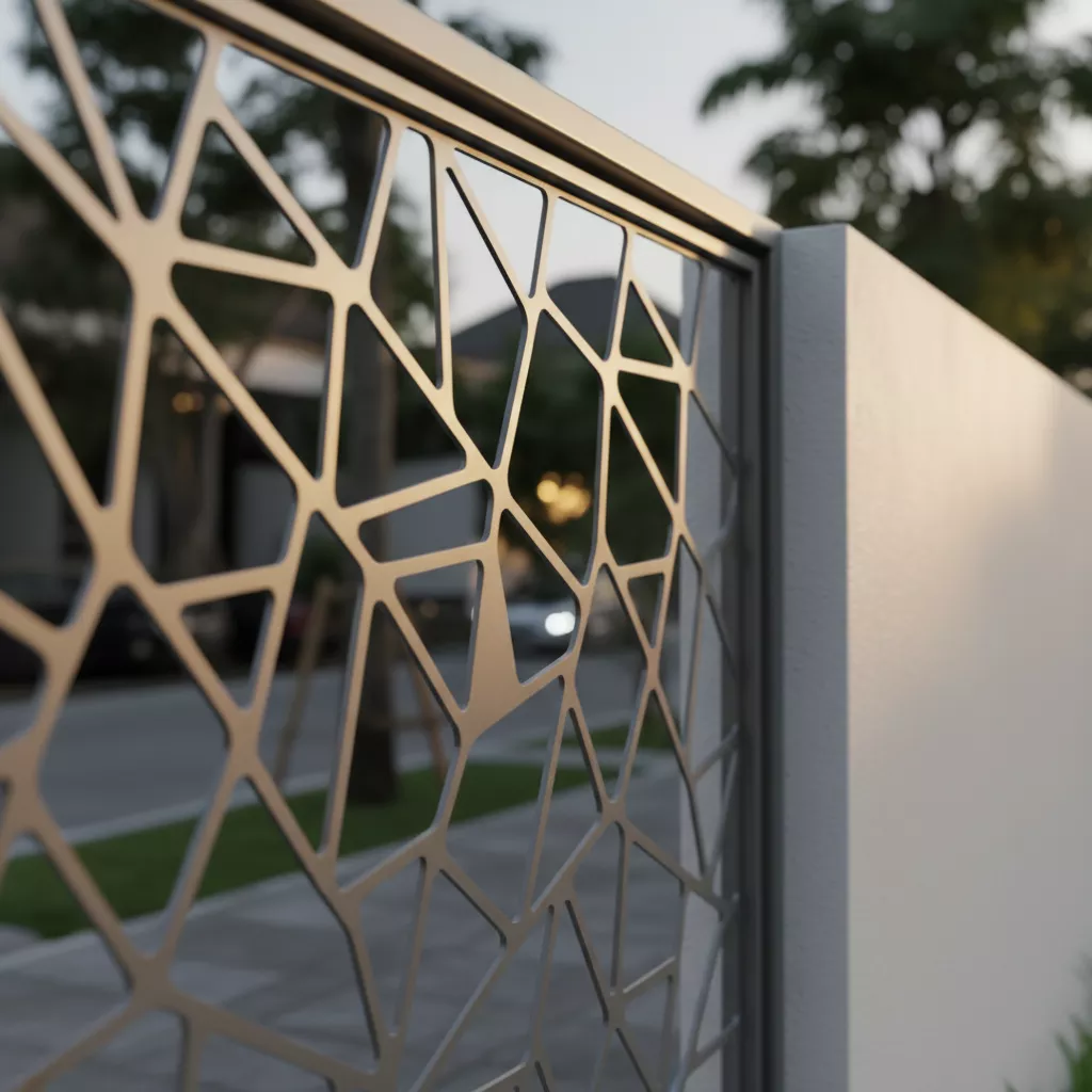 Model pagar stainless minimalis terbaru dengan teknologi laser cut motif geometris yang artistik dan personal-jasa interior jakarta splusa.id Model pagar stainless minimalis terbaru dengan teknologi laser cut motif geometris yang artistik dan personal-jasa interior jakarta splusa.id