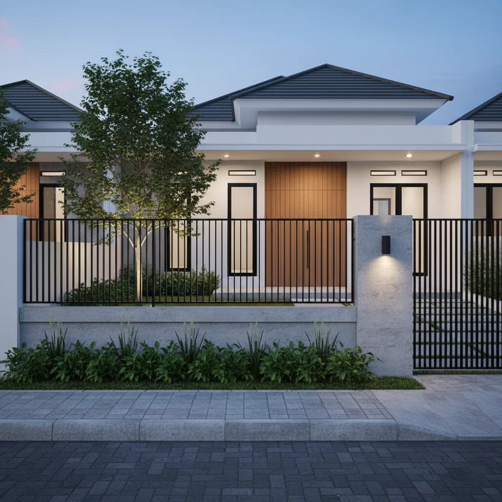 Model pagar tembok minimalis terbaru yang elegan, memadukan beton ekspos dan besi hitam vertikal di depan rumah modern, dengan lanskap hijau asri-jasa furniture interior ‪splusa.id