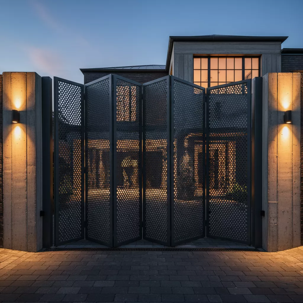 Model pintu pagar besi lipat industrial dari plat perforated gagah-konsultan interior splusa.id