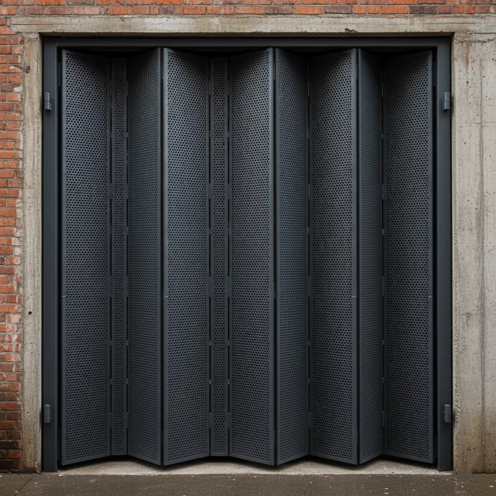 Model pintu pagar besi lipat industrial dari plat perforated-konsultan interior splusa.id