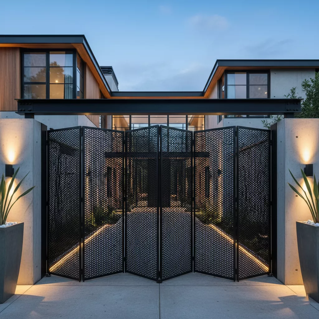 Model pintu pagar besi lipat industrial dari plat perforated mewah-konsultan interior splusa.id